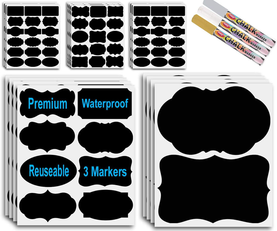 8 Xtra Large & 200 Large Chalkboard Labels - Silver Gold & White Chalk Pens - Chalk Board Mason Jar Labels - Removable Waterproof Blackboard Sticker Label for Jars Glass Bottle Kitchen Spice Jar