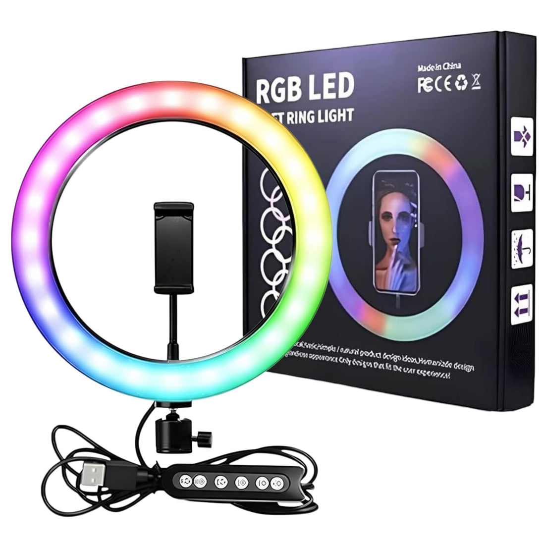 MJ-26 RGB Ring Light With Phone Holder And Coloring Vibrant Lighting Is Highly Practical For Shoots Setup, large aperure 26cm, Multiple fil, 3D soft light Mask - without Tripod