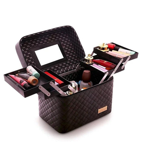 Women Leather Makeup Case Tattoos Nail Art Tool Bin Storage Box Large Capacity Make Up Suitcase Beauty Travel Cosmetic Bag,Black
