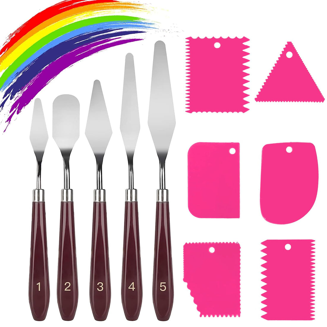 11 Pcs Palette Knife Set, 5 Pcs Stainless Steel Palette Knives and 6 Pcs Plastic Scrapers, Painting Accessories Art Supplies for Oil Acrylic Canvas Painting Color Mixing Thick Paint Applications, Pink