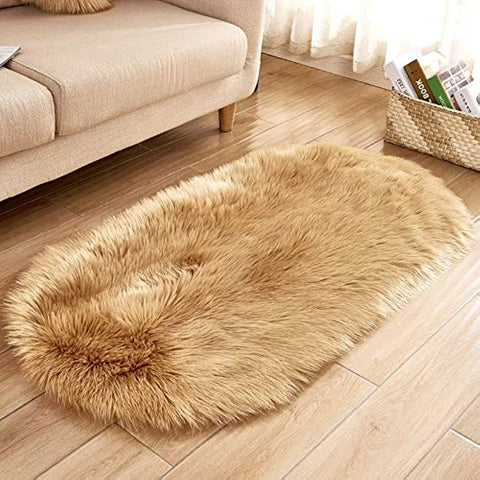 Soft Faux Fur Area Rug Carpets Living Room Long Plush Oval Carpet Artificial Wool Sheepskin Shaggy Rugs Floor Mat for Bedroom (Color : Khaki, Size : 50x120cm)