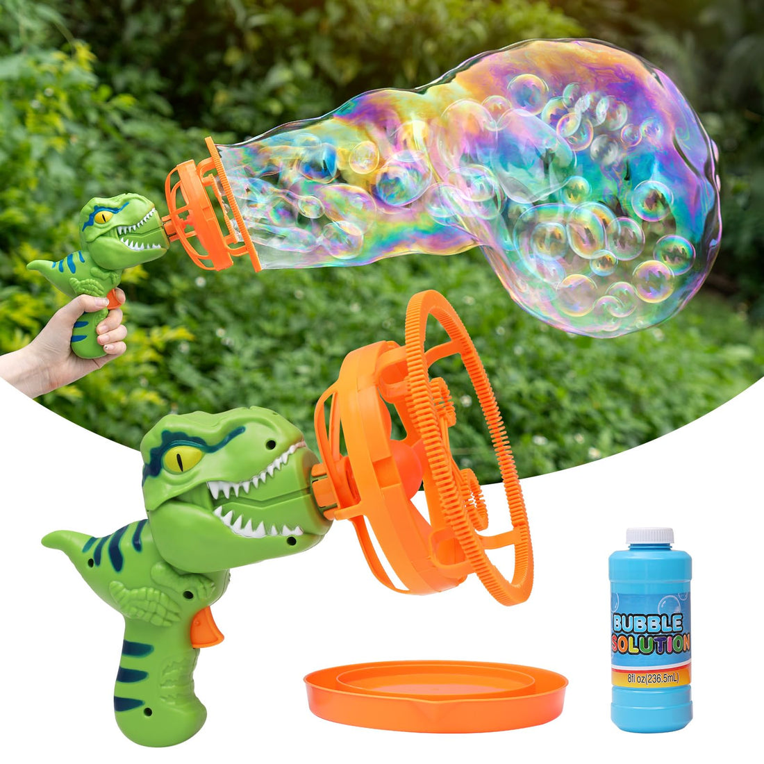 Dinosaur Bubble Gun Bubble Machine with Double Layer Bubble Maker Circles, Create Magical Huge Bubbles with Small Bubble Inside Effects, Ages Above 3