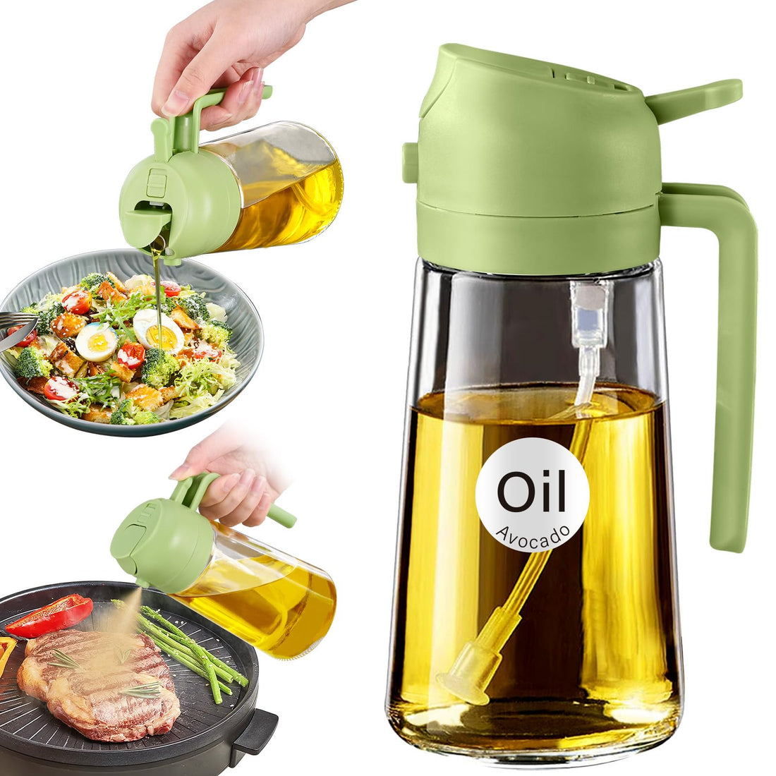 YRRAMATE 16oz/470ml Glass Olive Oil Sprayer for Cooking with Stickers, 2 in 1 Oil Dispenser for Kitchen Gadgets, Food Grade Premium Spray Bottle with Portion Control for Salad, Frying, BBQ (Green)