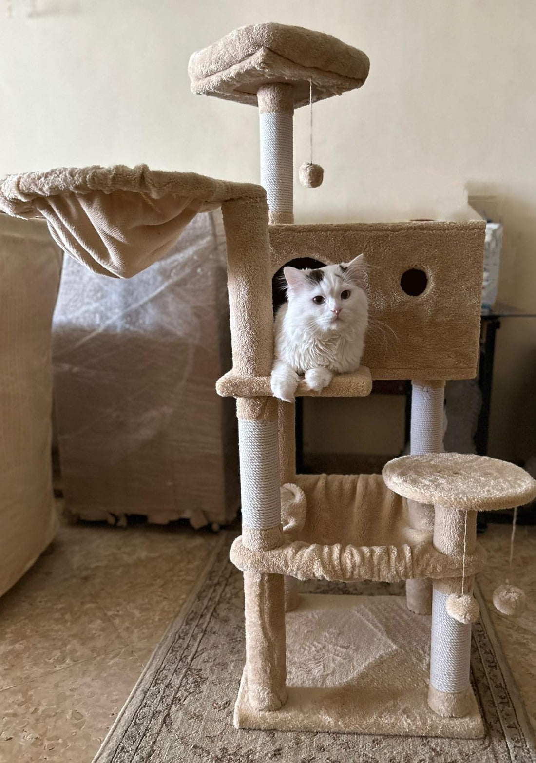 Pets House & Care' Tall Cat Tree for Indoor Cats, Multi-Level Cat Tower with Super Large Hammock (20''X16''), Sisal Covered Scratching Posts, Cozy Condo and Top Perch Grey