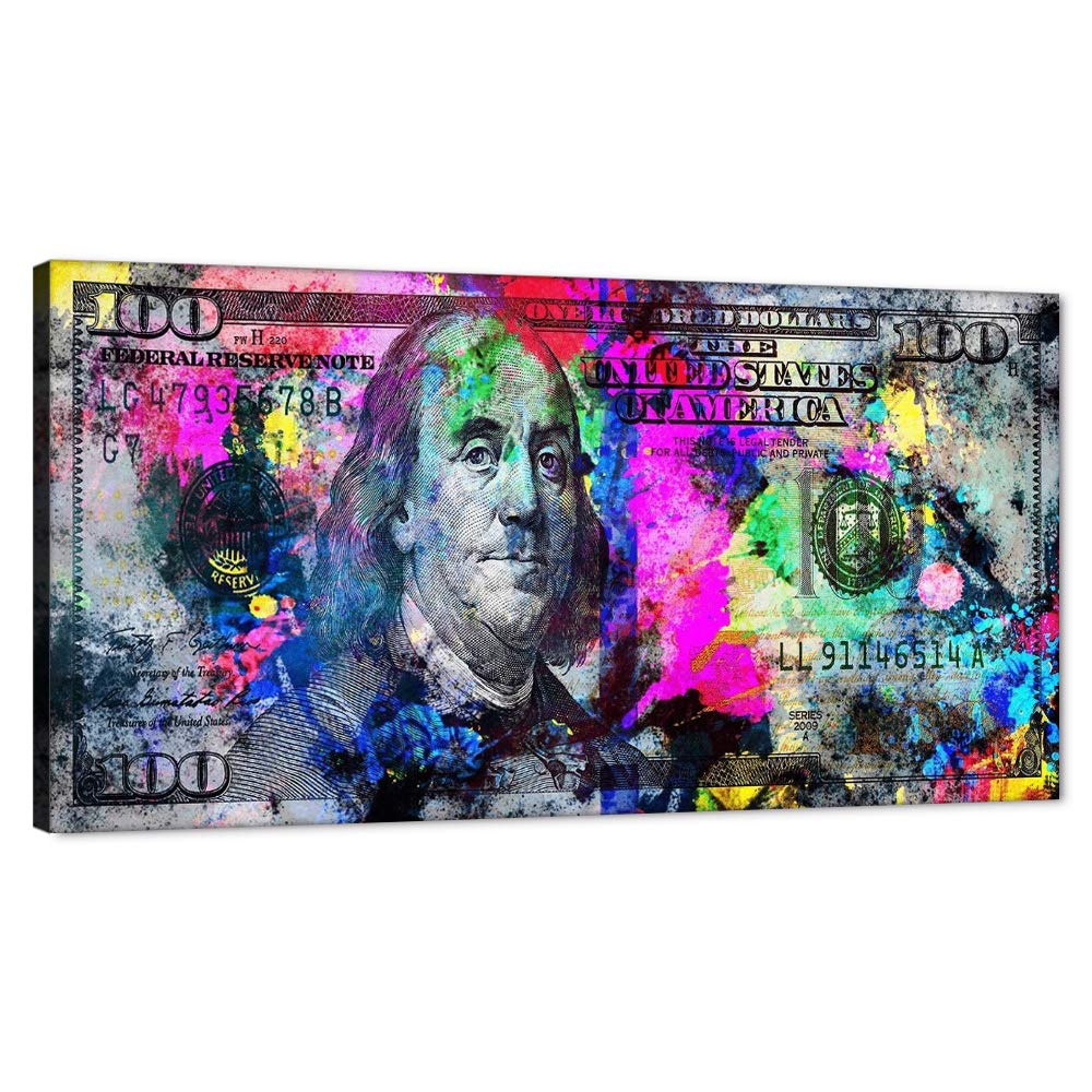 Abstract Creative Money Pop Art Print Contemporary Entrepreneur Inspirational 100 Bill Dollar Giclee Canvas Wall Art Painting Positive Modern Art for Bedroom Dinning Room Frame Easy to Hang-40"Wx20"H