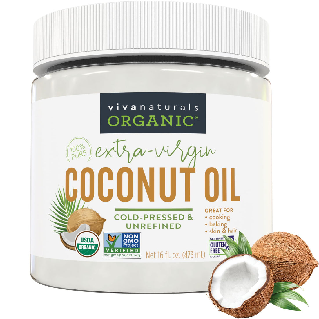 Viva Naturals Organic Coconut Oil - Unrefined, Cold-Pressed Extra Virgin Coconut Oil, USDA Organic and Non-GMO Cooking Oil, Great as Hair Oil and Skin Oil, 16 Oz