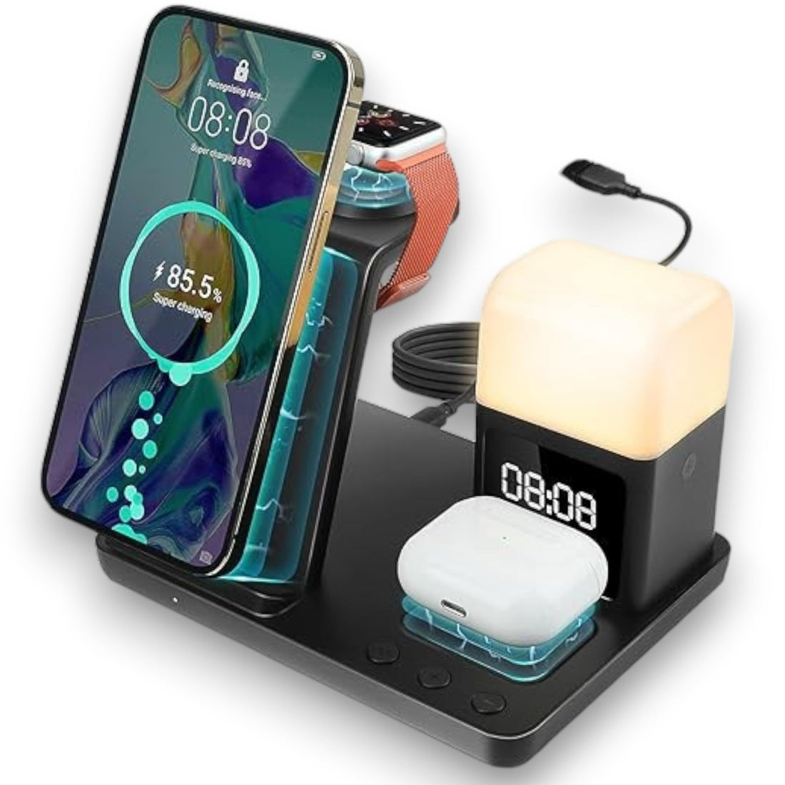 3-in-1 Inductive Wireless Charging Stand with Alarm Clock & Night Light, Compatible with iPhone15, 14, 13, 12, 11, Pro Max, Samsung, Apple Watch SE, For AirPods, 3, 2, Smart Watches 15W Adapter