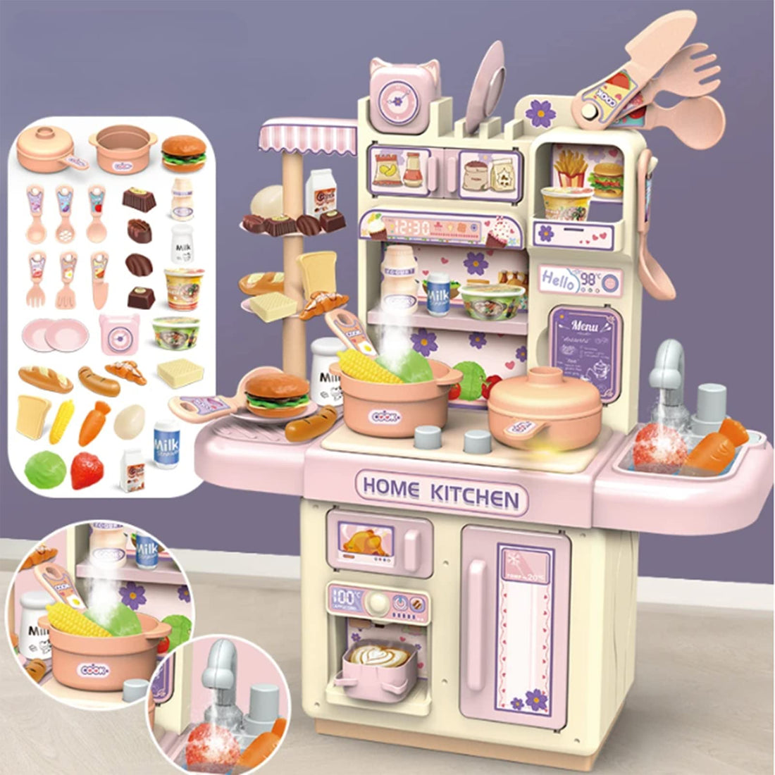 Kitchen Playset with Realistic Steam & Light, 39 PCS Kitchen Accessories Set Toy, Mini Kitchen Set for Kids, Pretend Play Food Toys for 3+ Year Old Boys and Girls (purple)