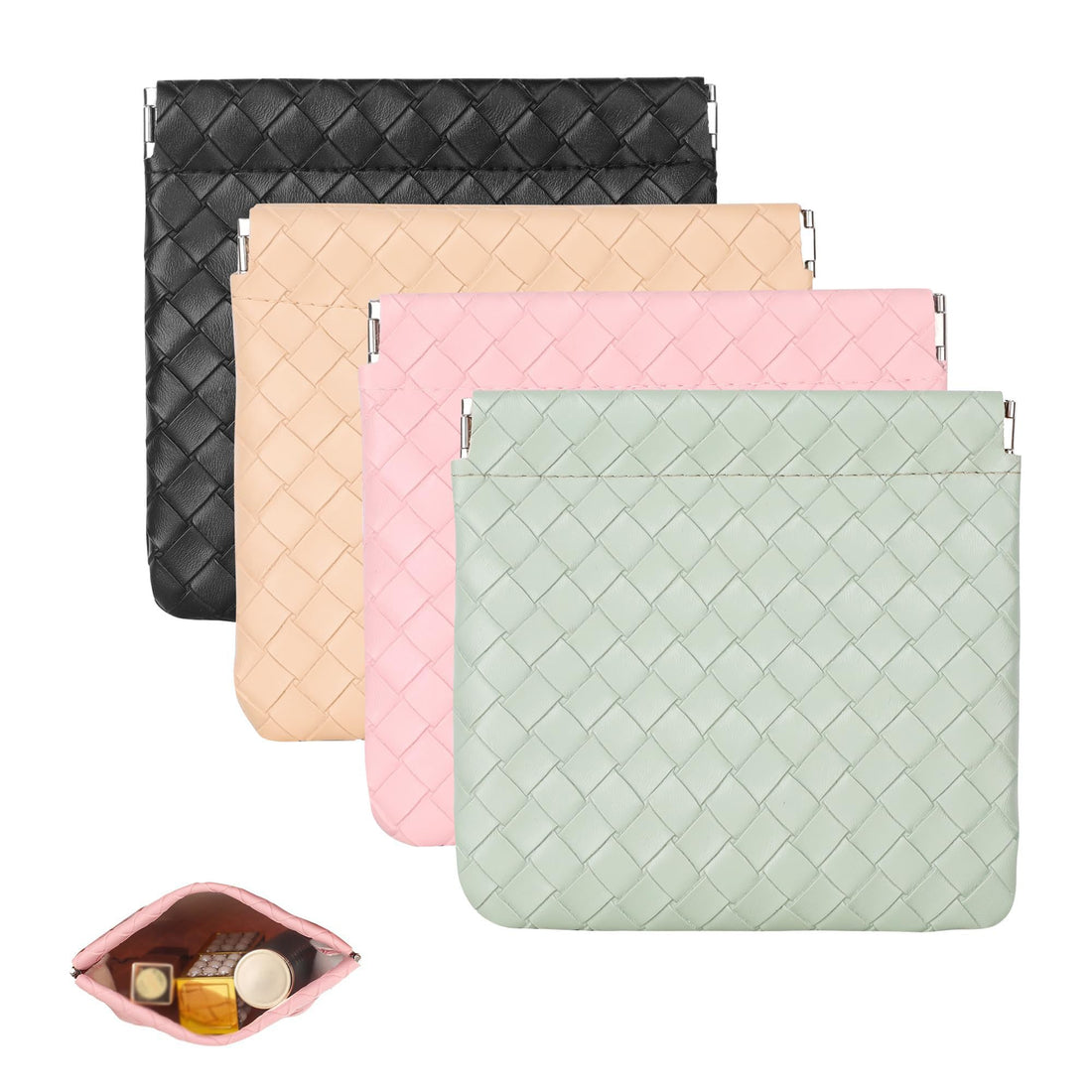 Tazweeq 4Pcs Small Makeup Bag for Purse, Mini Leather Cosmetic Bag, Portable Mini Makeup Bag, Weave Pocket Pouch, for Coin Lipstick Jewelry, Set for Women Makeup Organizer, for Travel Storage
