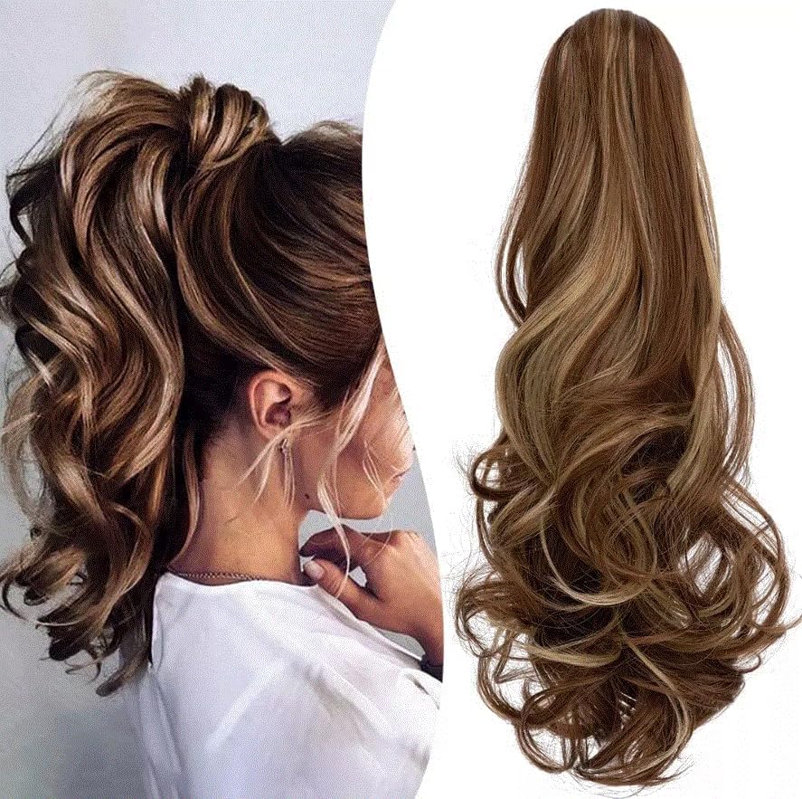 Ponytail Hair Extensions,62cm to67cm - Claw Clip Ponytails Extension for Women Curly Hair Piece Synthetic Pony Tail Wig Wavy Halloween Fluffy Hairpiece Daily Use155 gm -jw295-12H24-BROWN MIX BLOND