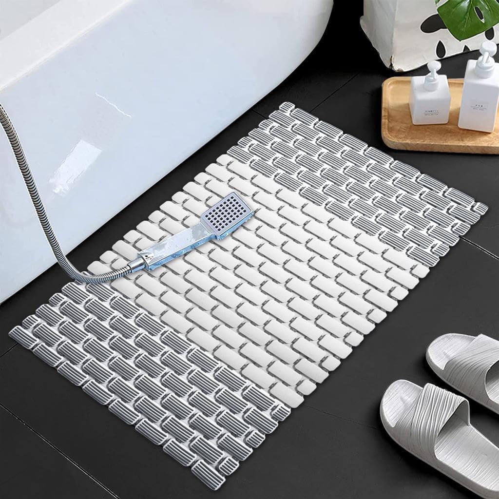 JUGTE PVC Shower Mat Anti SlipShower Mat, Bathtub Mat with Suction Cups and Drain Holes, Anti-Skid Plastic PVC Rubber mats for Floor mat (Dark White)