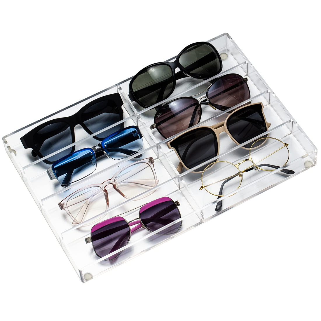 BEST MEDIA Clear Acrylic Sunglass Eyeglass Organizer, 8 Compartments Dresser Display Case for Eyewear and Accessories, Multipurpose Drawer Tray for Storage and Showcase