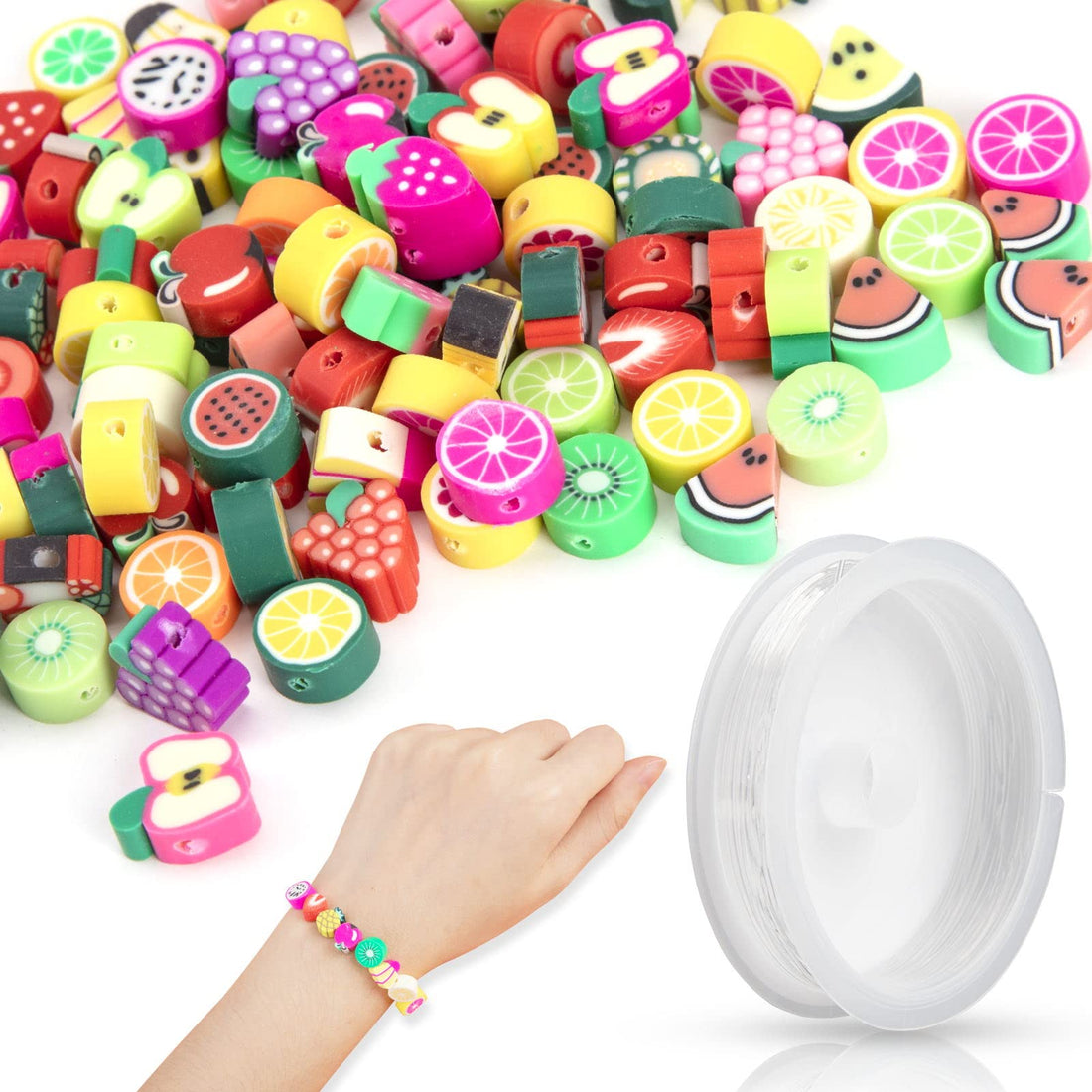 MSKS 100pcs Fruits Clay Beads Multi-Color Polymer Clay Fruits Beads for Jewellery Making with Crystal Rope Fruit Sliced Beads for Bracelet Necklace Earring DIY Craft Making Clay Flat Beads for Adults