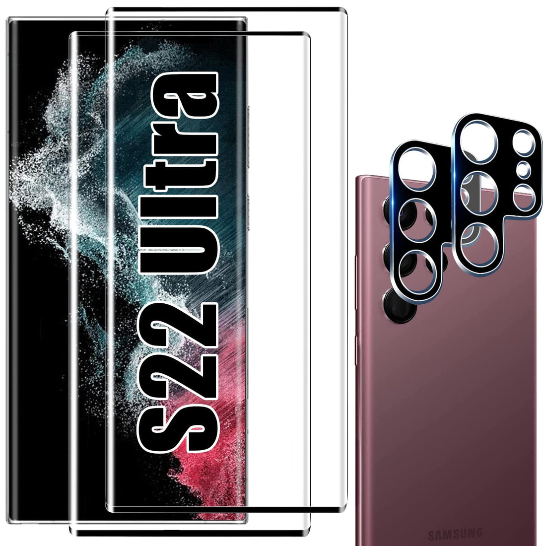 DELFINO Screen Protector for Galaxy S22 Ultra Screen Protector and Camera Lens Protector, Tempered Glass Film, Support Fingerprint Unlock, 9H Hardness, 3D Curvature, HD Anti-Scratch (2+2 Pack)