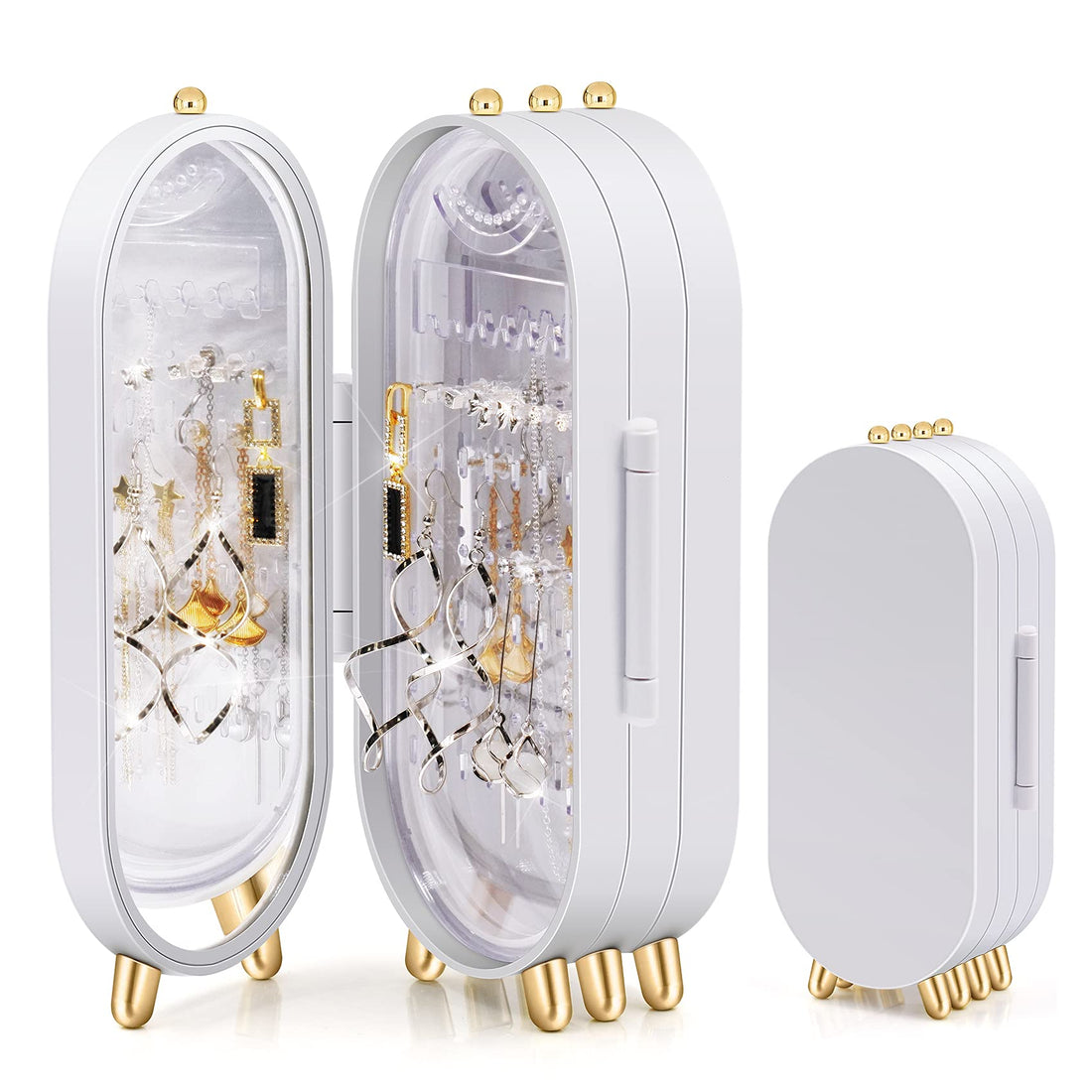 4 Doors Earring Holder Stand with Mirror (White)