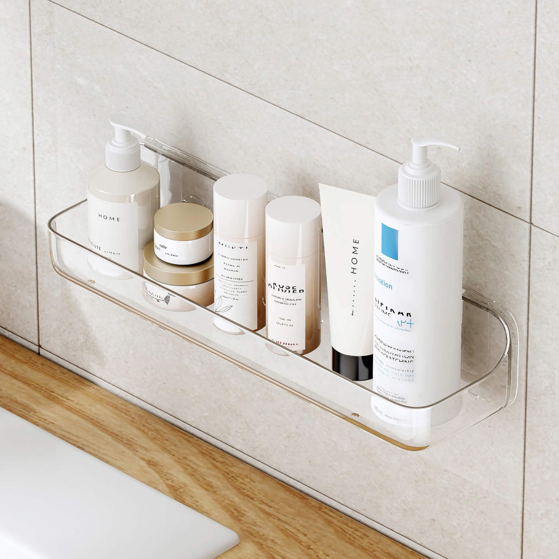 UDD Acrylic Shower Caddy Adhesive Shelf, Plastic Shower Organizer with Self Adhesive Tape, No Drilling Clear Wall Mount Shower Shelves for Bathroom Kitchen, Clear