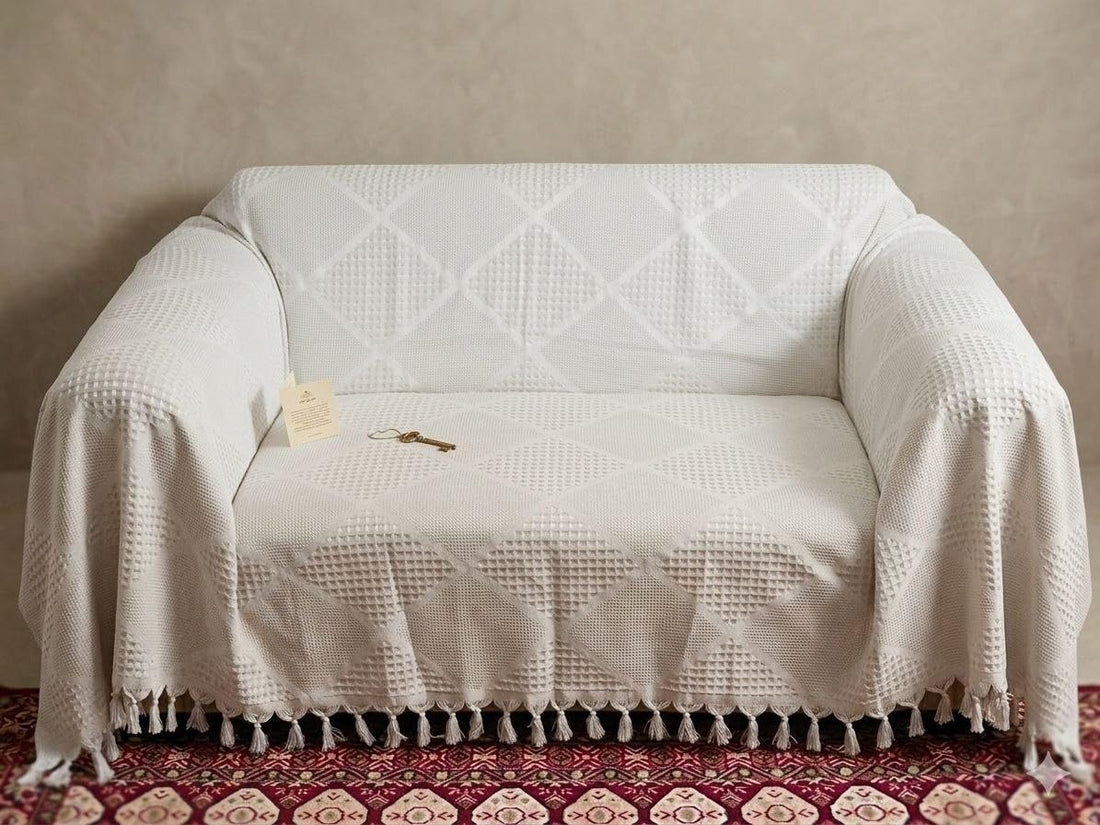Generic Cotton Pique Sofa Cover, White, Diamond Pattern with Tassels, Full Cover, 210 x 240 cm, .sr