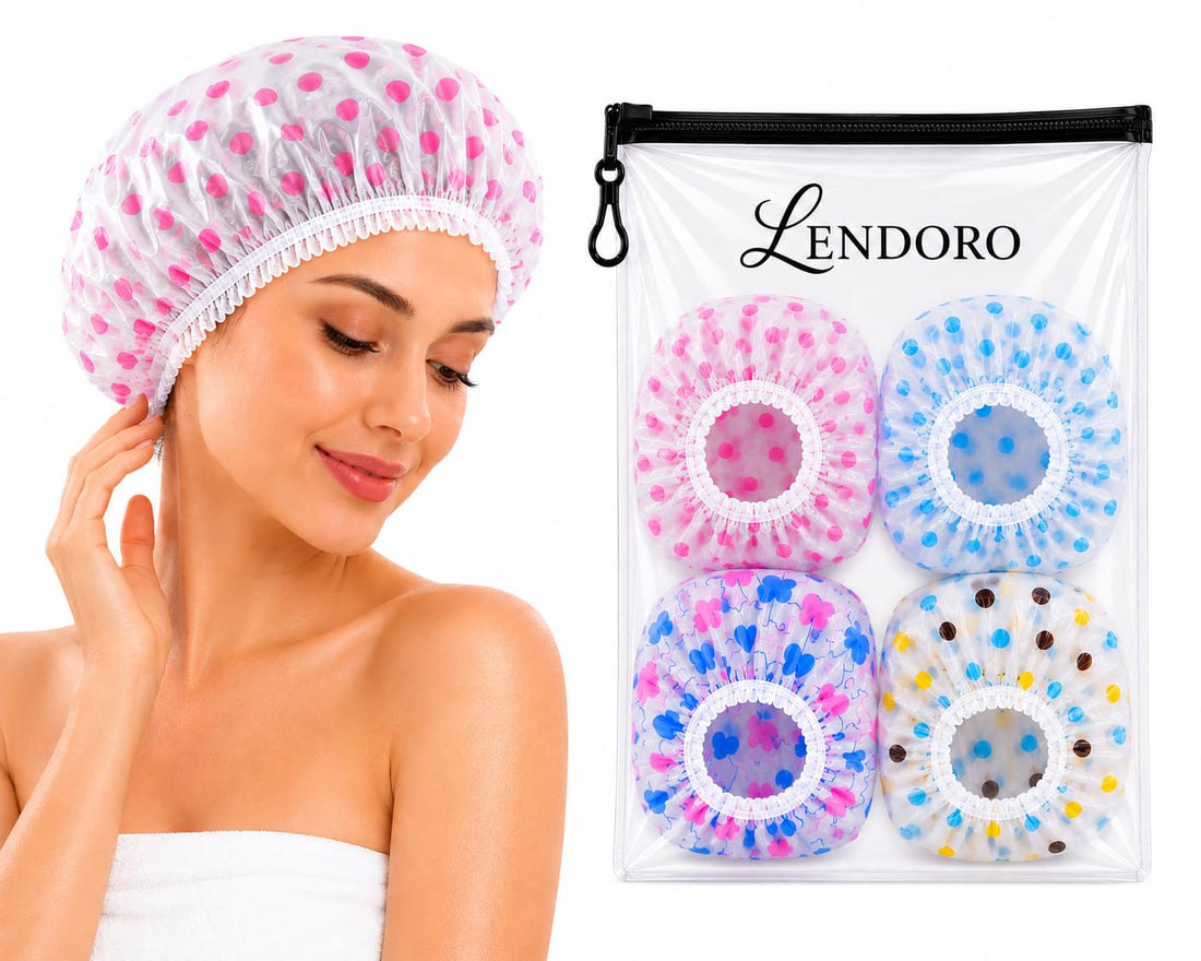 LENDORO 4 pcs Shower Caps for Women uk,Waterproof and Reusable Bath Cap, with Elastic Band, Large Plastic Long Hair Eco Cap (Random Color)