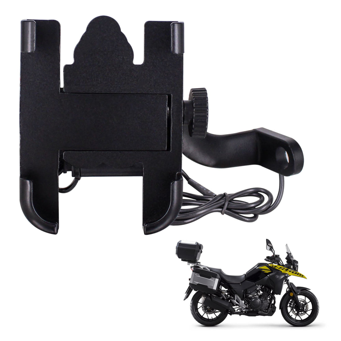 CNC Bike Mount Holder for Navigation 360 Degree Rotating Handlebar Metal Body Cradle Stand Fits for All Smartphones (CNC Metal Holder with USB Charger) for Suzuki V-Strom 250 (Pack of 1Pcs)