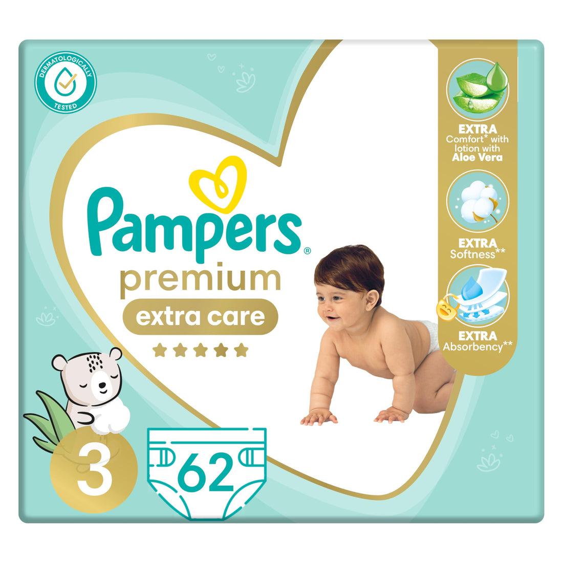 Pampers Premium EXTRA CARE Taped Diapers, Size 3, 6-10 kg, with Lotion with Aloe Vera, 62 Baby Diapers