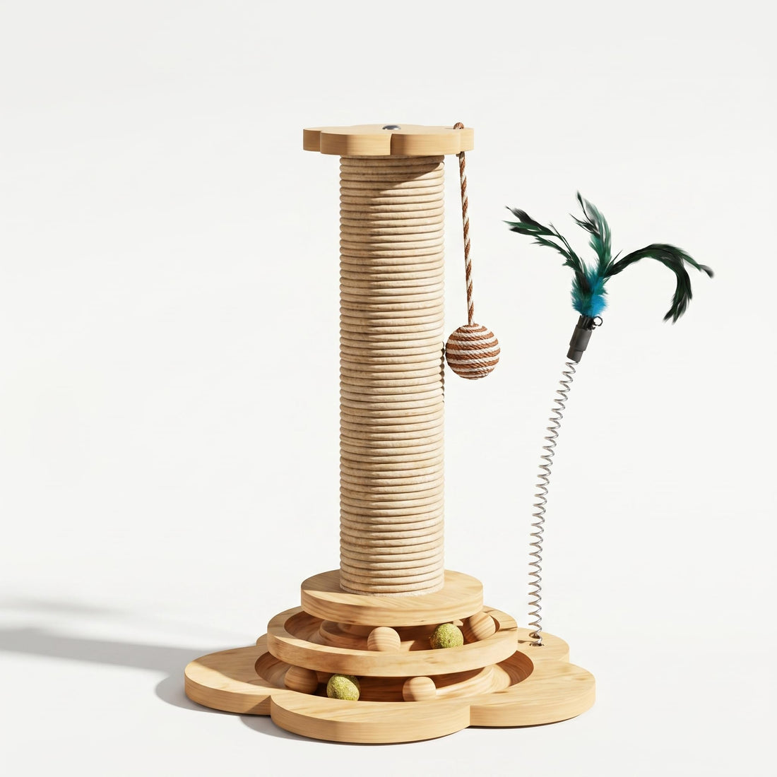 Scratching Post - 4 in 1 Cat Scratch Post, Interactive Cute Small Wooden Cat Scratcher with 2 Level Catnip Toys Balls & 2 Sisal Hanging Balls for Indoor Kitten Kitty