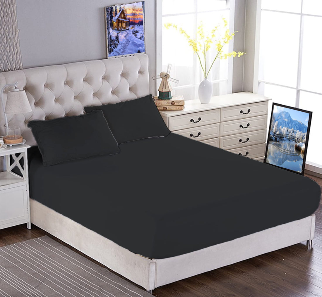 Elastic Bed Sheet Set for Home,Hotels & Touristic Village- 3 Piece Cotton-from Tigers, Black, King size (200 * 120cm) Mattress height 30cm