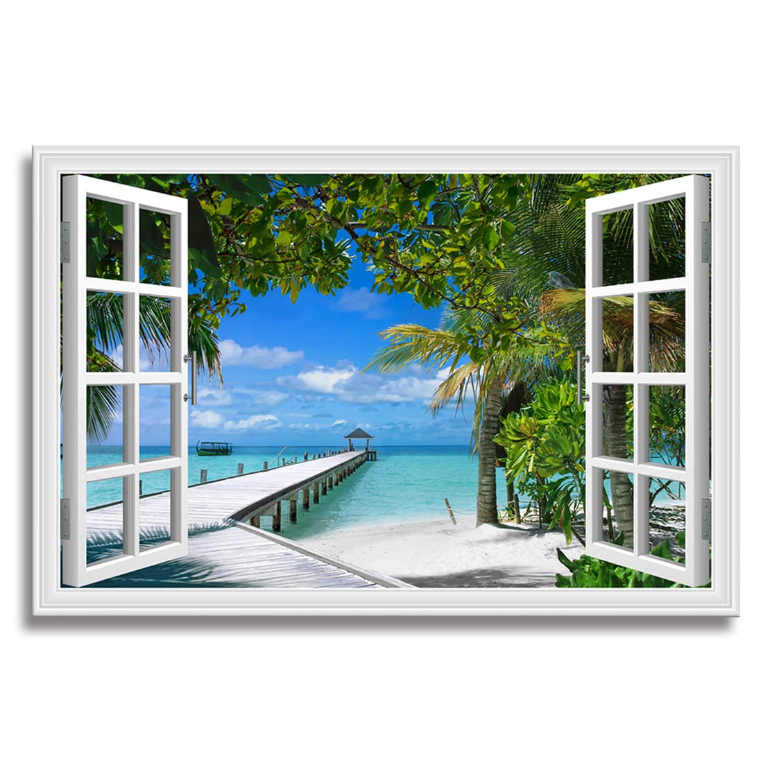 Woxfcart Palm Tree Wall Art - Fake Window with Picture Canvas - Window View Beach Prints，Ocean Decorations for Home - Blue Walls Decor 24"x16"