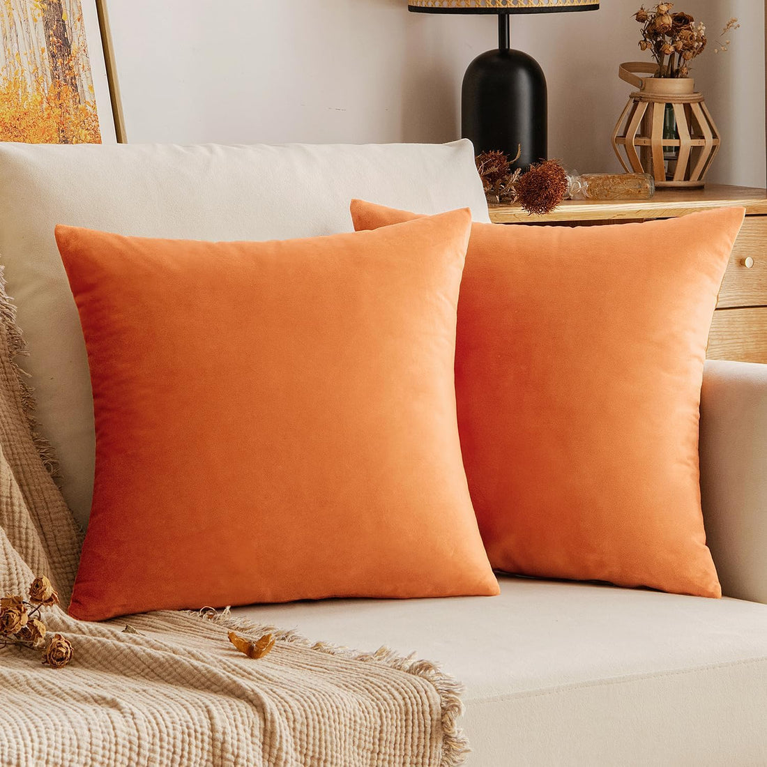 Pack of 2 Velvet Throw Pillow Covers Soft Thick Square Cushion Covers for Sofa Couch Bedroom Living Room 45x45cm (Orange)