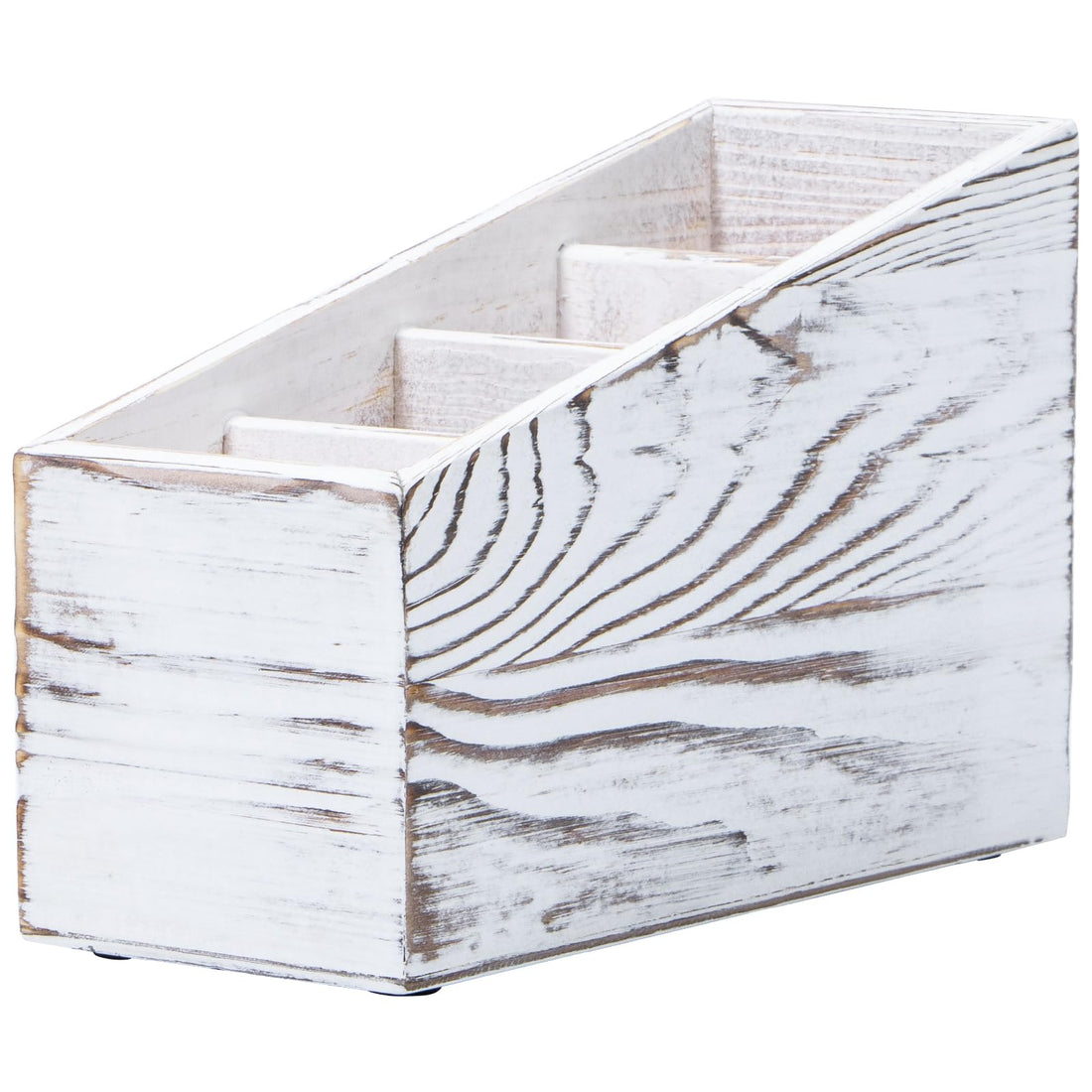 Useekoo Wooden Desk Organizer with 4 Compartments, Vintage Wood Remote Control Holder for Mobile Phone and office supplies, Rustic Farmhouse Caddy, Living Room, Bedroom, Vintage White, 8.1"x3.5"x5.5"