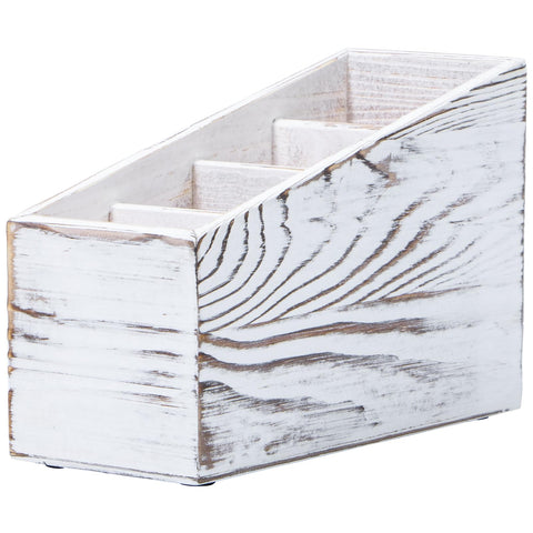 Useekoo Wooden Desk Organizer with 4 Compartments, Vintage Wood Remote Control Holder for Mobile Phone and office supplies, Rustic Farmhouse Caddy, Living Room, Bedroom, Vintage White, 8.1"x3.5"x5.5"