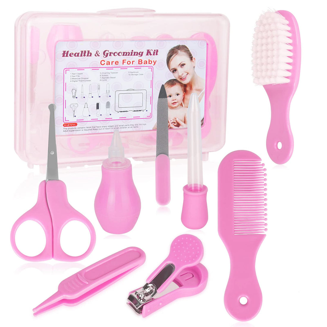 RoseFlower Baby Grooming Kit, 9 in 1 Portable Baby Basics Kit with Storage, Newborn Baby Health Safety Care Set for Infant Toddlers Care Keep Healthy and Clean (014)