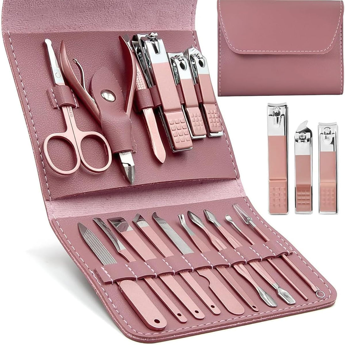 Manicure & Pedicure Set 16 Pcs, Stainless Steel Nail Clippers Kit for Men & Women, Grooming Tools with Toenail & Fingernail Cutter for Nails, Brows & Ears, Sturdy & Durable (Pink)