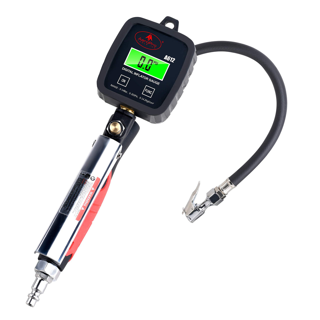 AEROPRO TOOLS Digital Tire Inflator with Pressure Gauge, 203 PSI Air Chuck and Compressor Accessories Heavy Duty with Rubber Hose and Quick Connect Coupler with display resolution