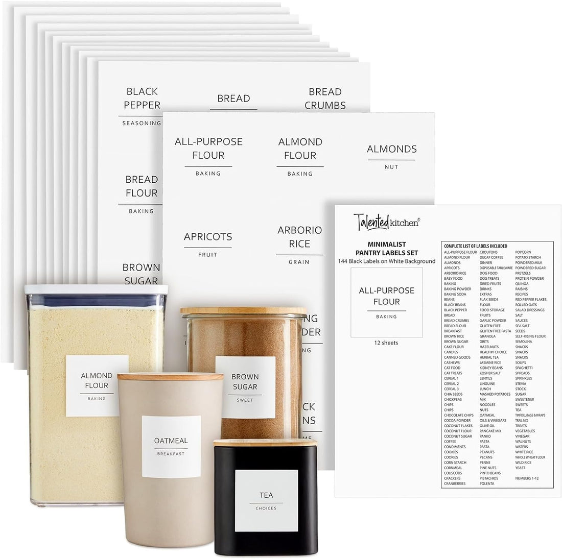 144 Pantry Labels for Containers and Food Storage - Pre-Printed Black on White Matte Vinyl Labels for Kitchen with Minimalist Design (Waterproof)