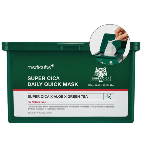 Medicube Super Cica Daily Quick Facial Masks (30 Sheets) - 60-Second Soothing & Hydrating Facial Mask with 88% Cica, Instant Cooling & Moisturization - 100% Vegan Certified, Korean Skincare