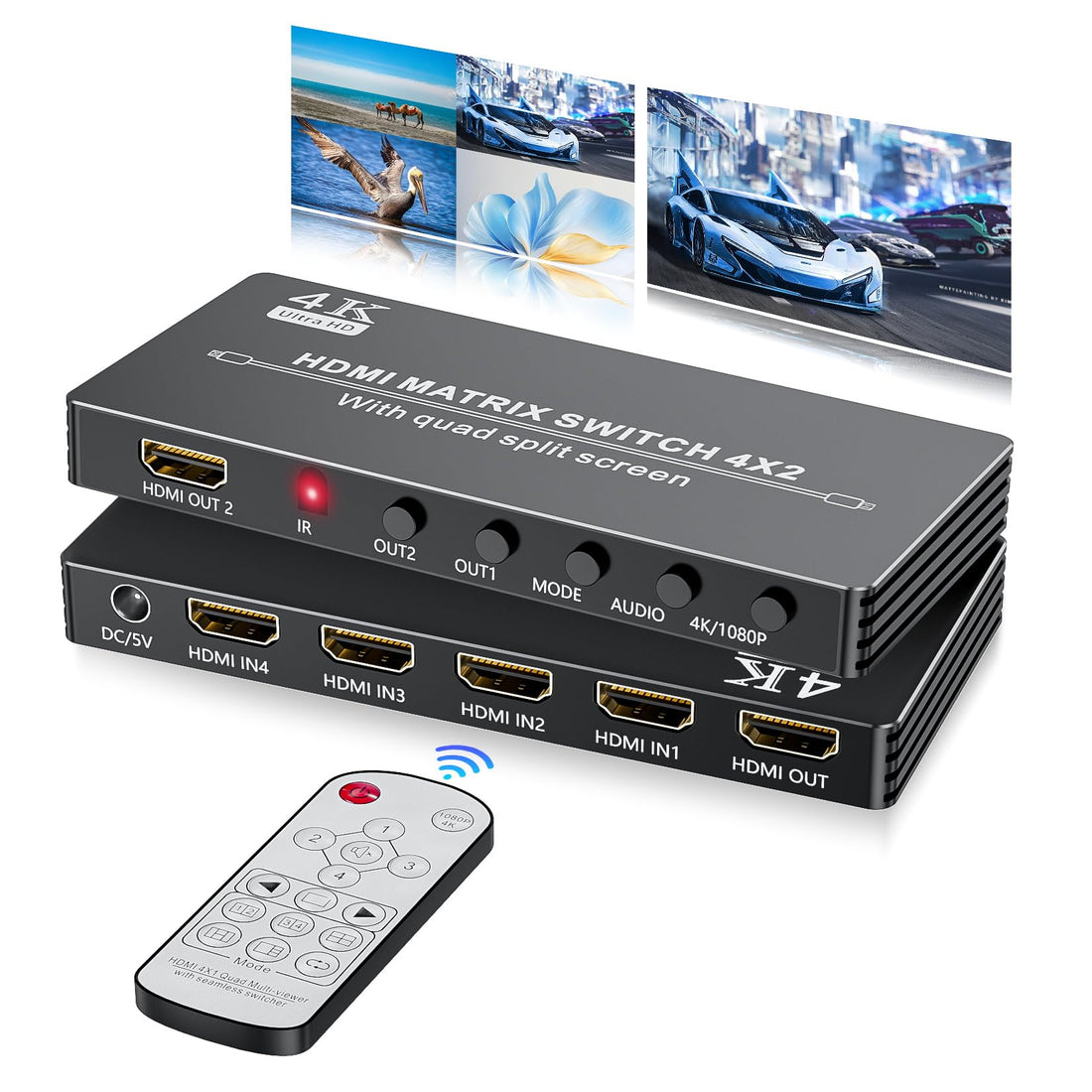 BolAAzuL HDMI Matrix Switcher 4X2 With Multiview, Multi-Visor Quad Dual Monitor 4K 4 in 2 Out Multiviewer