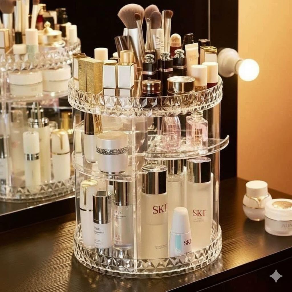 Acrylic makeup organizer for storing cosmetics and perfumes on a countertop with a 360-degree rotating design, suitable for skincare products - clear diamond design