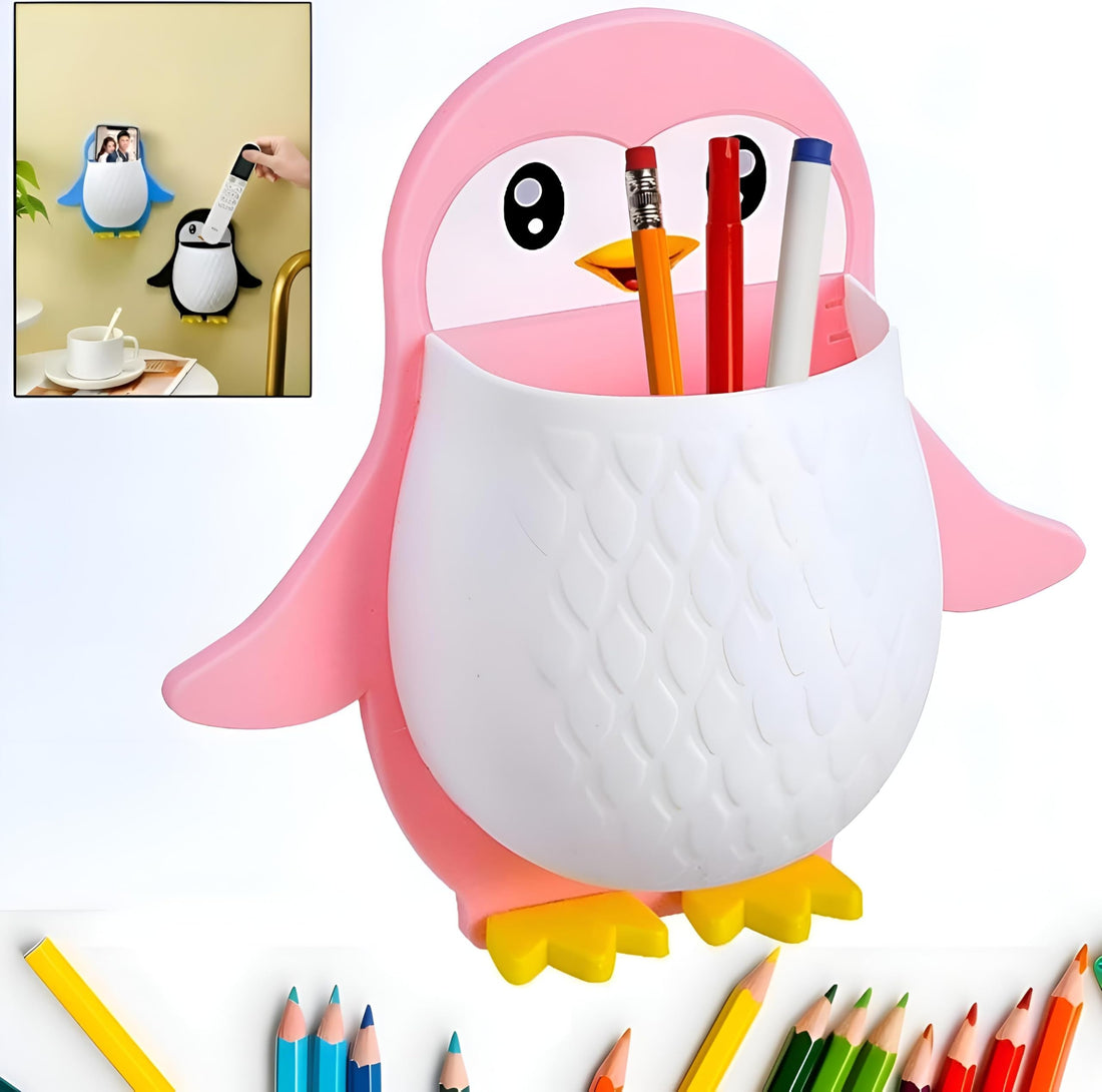 Penguin Organizer - Multi-use sticky holder for pens, toothbrushes and makeup tools. Attractive cartoon design sticks to smooth surfaces. Practical desk and bathroom organizer saves space and adds a m