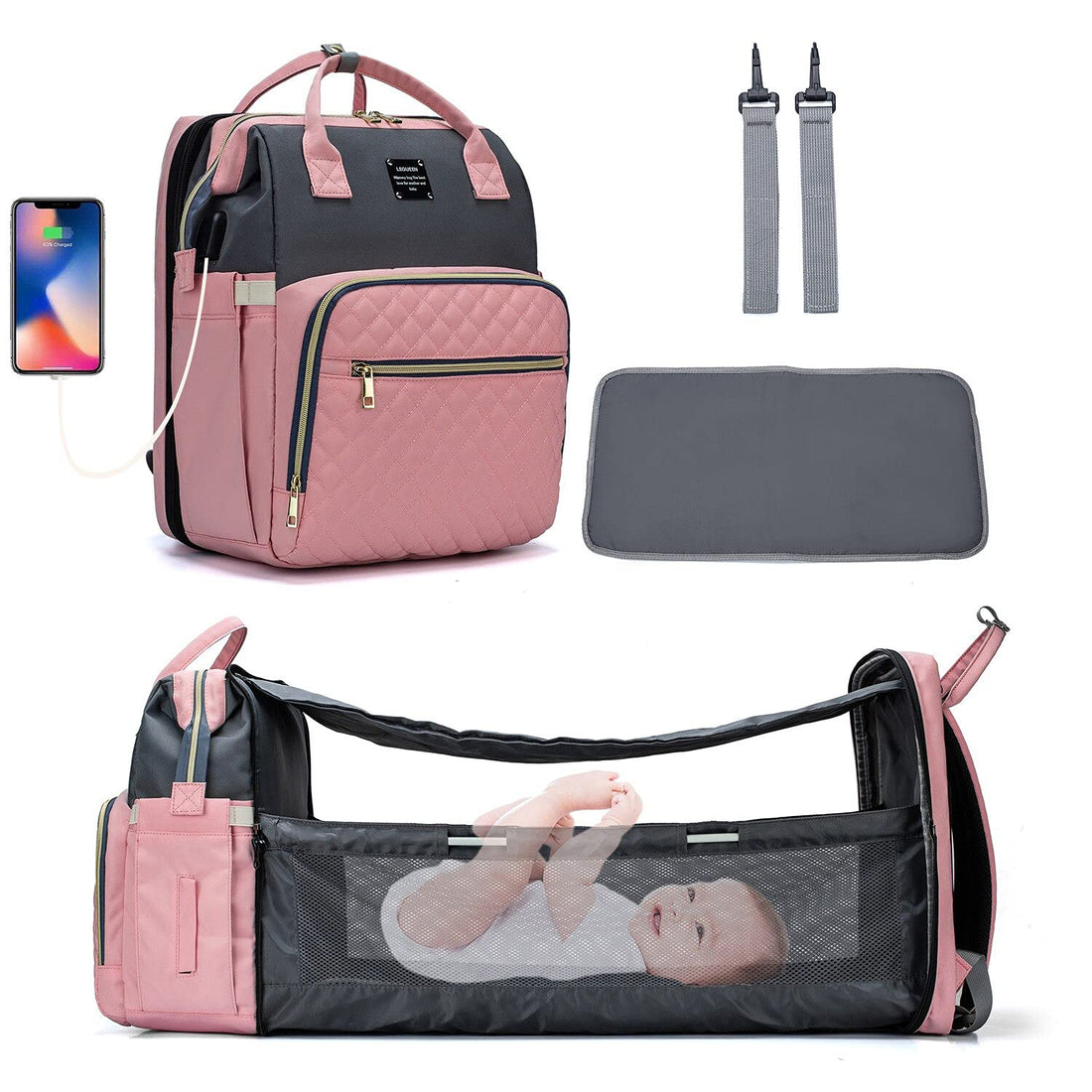 LEQUEEN Bed diaper baby mommy bag waterproof USB Charging folding bed bag - Pink - 2725610711150