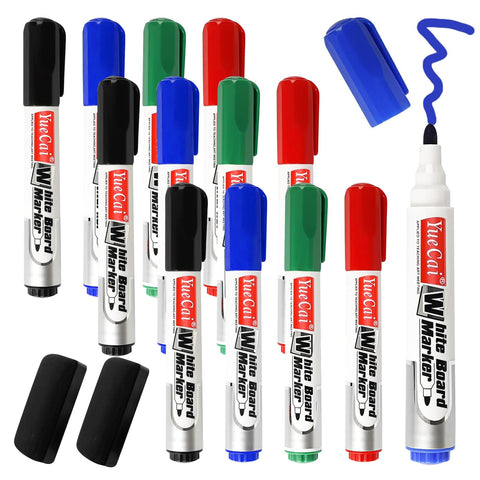12PCS Whiteboard Pens Markers, 4Colors Dry Erase Markers with 2Erasers, White Board Markers Erasable, Dry Wipe Pens for Whiteboard Markers and Eraser Set White Board Pens Colour for School Office Home