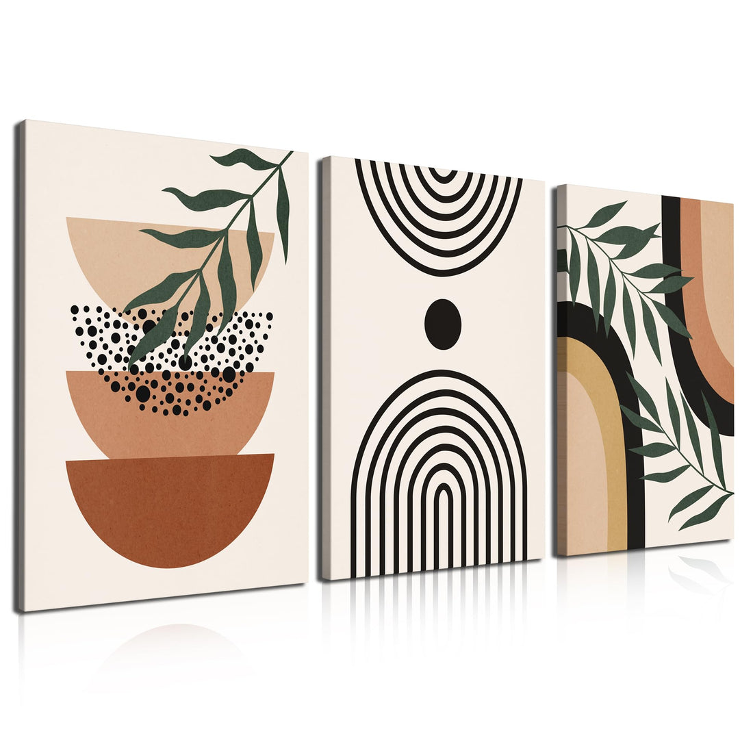 Boho Wall Art Set of 3 Canvas Wood Framed Botanical and Minimalist Pictures, Waterproof | Anti-fade | Lightweight | Sturdy | Easy to Hang Wall Decor for Bedroom, Living Room, Dining Room, Bathroom,
