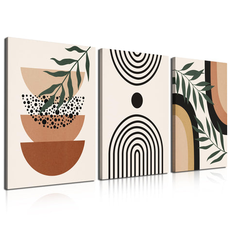 Boho Wall Art Set of 3 Canvas Wood Framed Botanical and Minimalist Pictures, Waterproof | Anti-fade | Lightweight | Sturdy | Easy to Hang Wall Decor for Bedroom, Living Room, Dining Room, Bathroom,