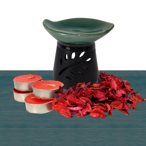 Pottery Diffuser for Essential Oils + 4 Tea Light Wax + Dried Rose Bag - Add to Decor and Fragrance Atmosphere for Your Home - Gift - Special Occasions - Mother's Day (1, Green Leaf)