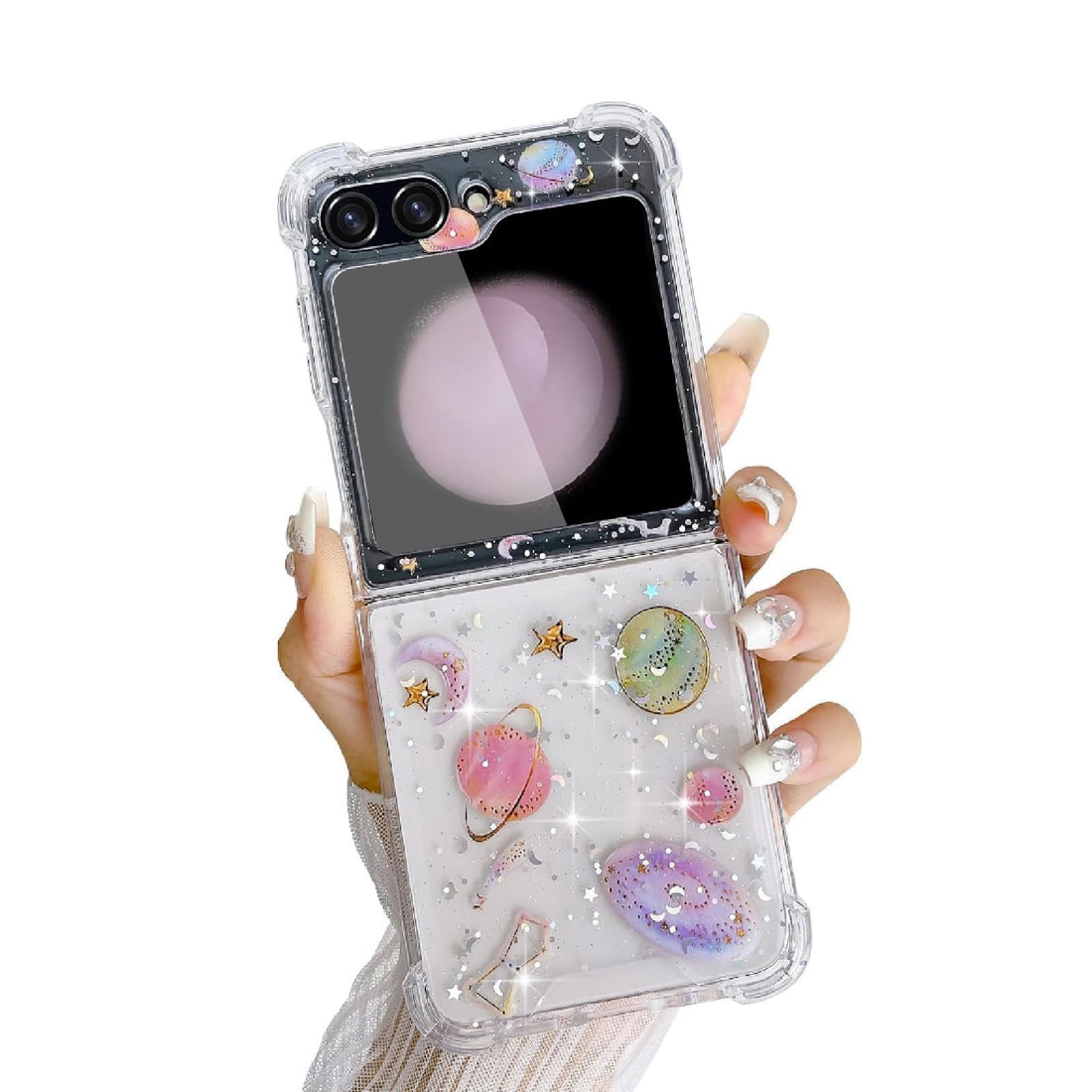 KASTWAVE Compatible with Samsung Galaxy Z Flip 6 5G Case, with Screen Protector, Glitter Bling Shiny Clear Phone Case for Girls, Shockproof Soft Silicone Bumper (Starry Planet Design)