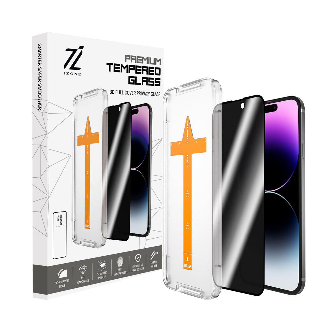 IZONE Privacy 9H Tempered Glass Screen Protector for iPhone - With Easy Installation Frame - Enhance and Protect Your Device - 3D Tempered Glass Protector (1, Privacy Glass, iPhone 14 Pro Max)