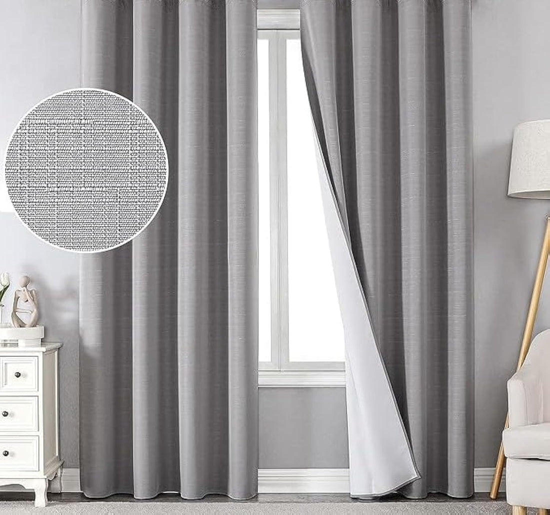 Curtains and Rods 100% Blackout Linen Face Curtains - Thermal Insulated, Multi-Way Header, Grey, 140cm W x 260cm L