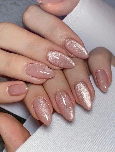 Press-On Nails, Nude Cat Eye Almond Shape, Medium Size, 24 Pieces, Reusable with Nail Glue Sticker and Mini File