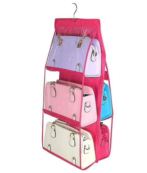 6 Pocket Handbag Anti-dust Cover Clear Hanging Closet bags Organizer Purse Holder Collection Shoes Save Space Rose Red