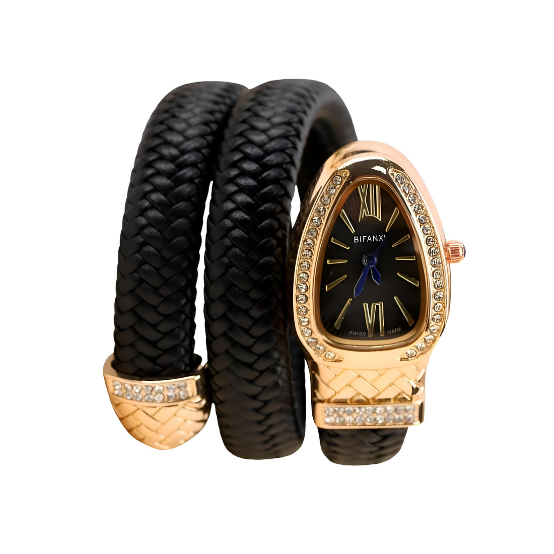 Serpent Timepiece - Elegant women’s quartz watch inspired by the coiled form of a snake, combining sparkling crystal accents and a genuine leather strap for bold yet graceful wrist charm