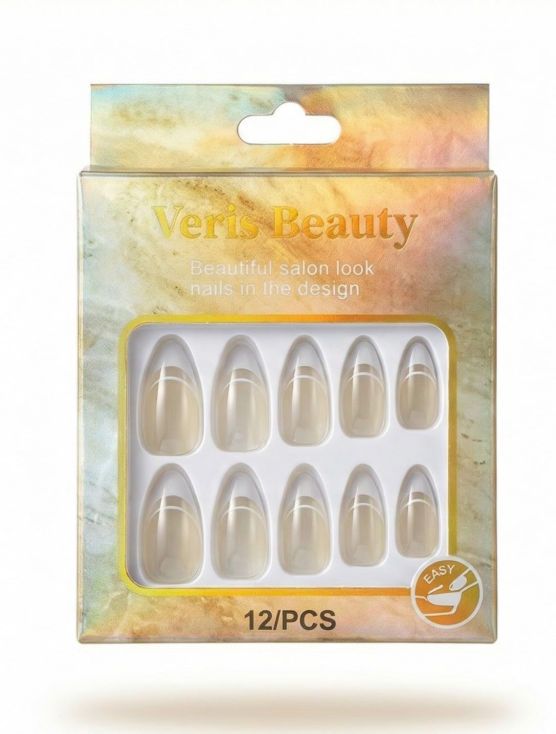 Nopatia 12 Pcs False Nails - Elegant Almond French Design - Instant Professional Salon Look - Super Easy Application for a Glamorous Look with Glossy Finish (Beige)